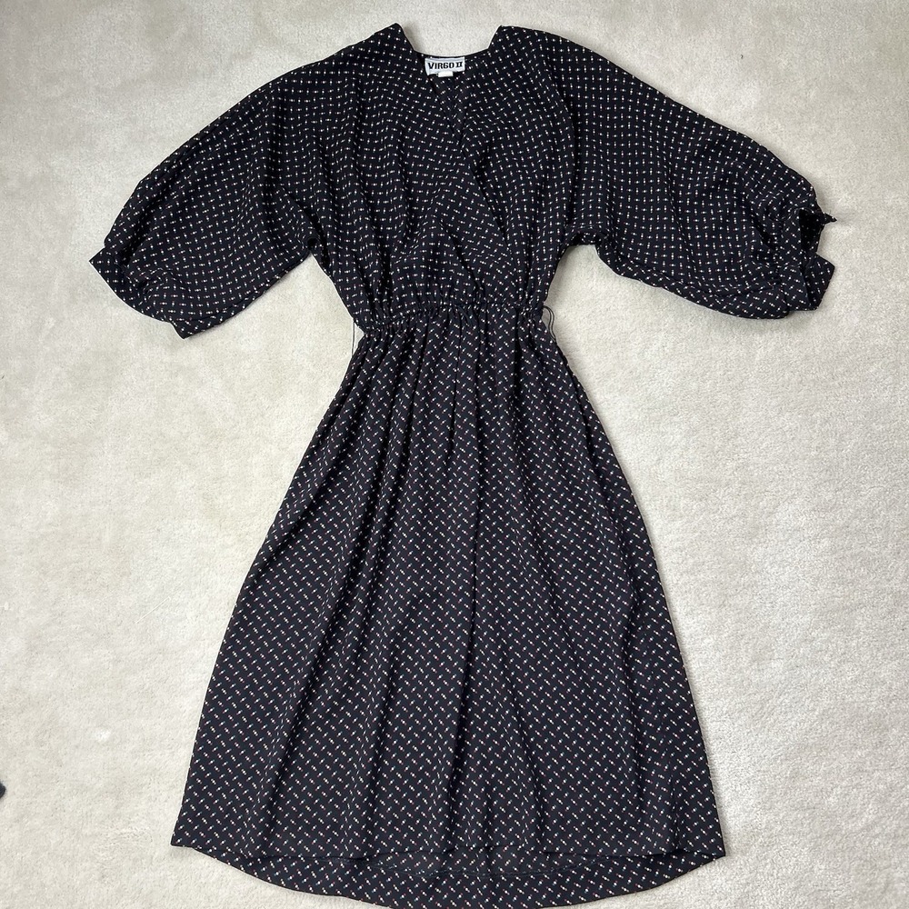 Vintage Virgo II Floral Retro Midi Dress Black Polka Dot Women's 8 Union Made